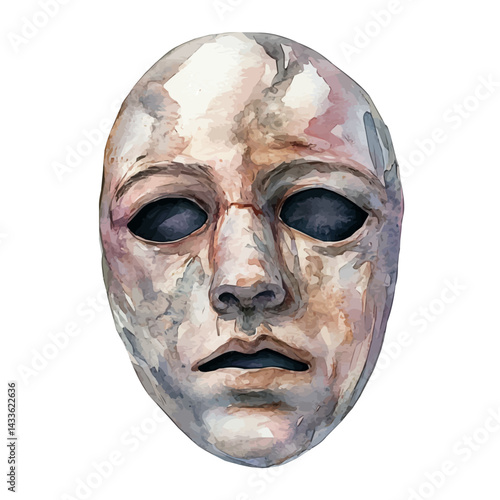 watercolor of Cursed Mask With A Spirits Gaze Trapped Inside, isolated on a white background.