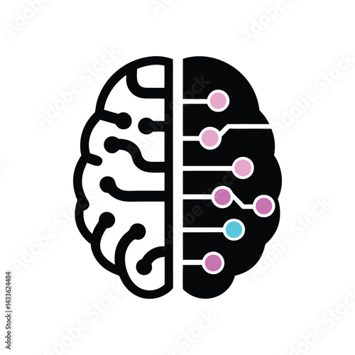 Tech Brain Half Human Vector: Abstract Neural Head Design, Digital Intelligence Icon with AI Circuitry, Futuristic Innovation

