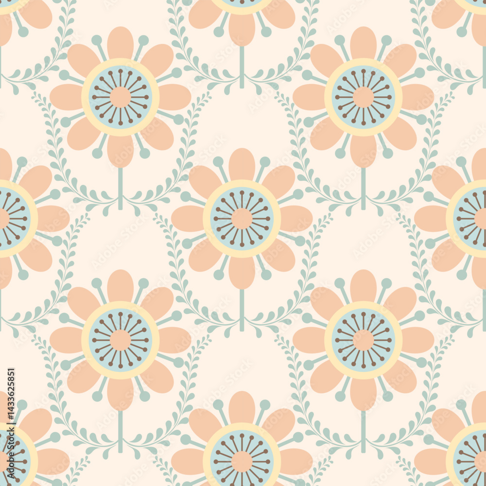 Fototapeta premium Retro floral pattern with repeating flower motifs. Ideal for textiles, wallpaper, packaging, and digital designs.
