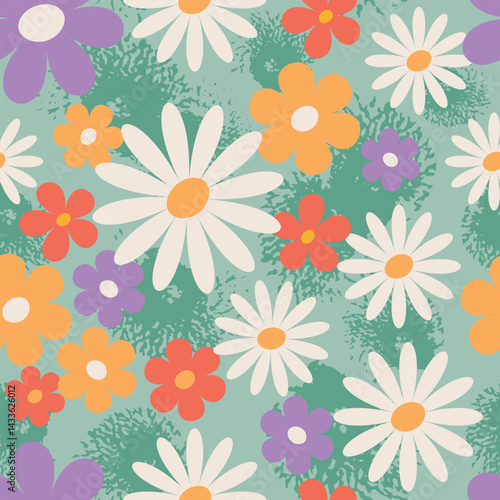 Wallpaper Mural Seamless pattern with bright summer flowers on textured background. Hand drawn fabric, gift wrap, wall art design in vector. Torontodigital.ca