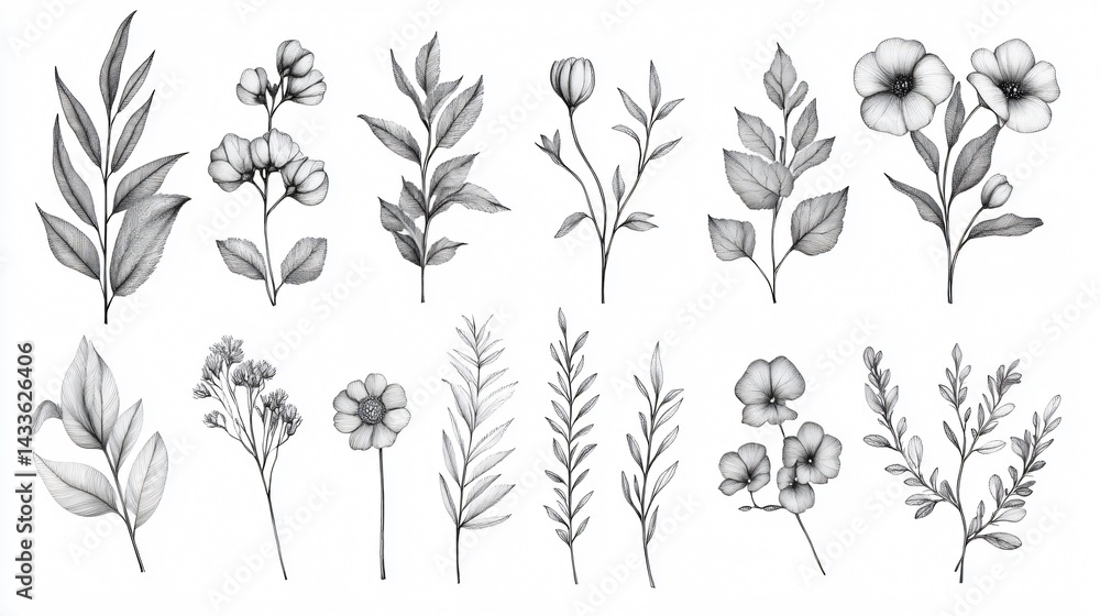 Fototapeta premium Elegant White Background Floral Illustrations for Designs and Projects