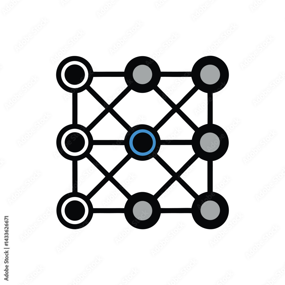 Clean black vector icon showing a neural network of connected nodes and pathways used in artificial intelligence and data science projects
Clean black vector icon showing a neural network of connected nodes and pathways used in artificial intelligence and data science projects