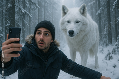 Influencer Taking Selfie in Snowy Forest with Massive White Wolf – Surreal Winter Adventure