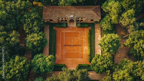 Aerial view of a tennis court in a forest.