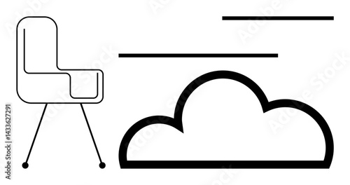 Chair beside a cloud and stylized horizontal lines. Ideal for technology, innovation, cloud storage, comfort, minimalist design, simplicity, workspace dynamics. Flat simple metaphor