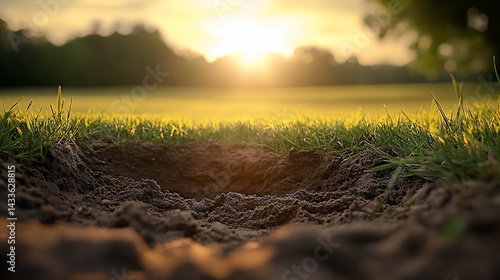 Sunset over a grassy field, earthy hole