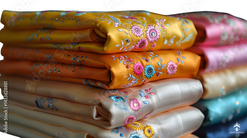 Malaysian baju kurung in soft pastel tones, folded and ironed with visible embroidery, isolated  