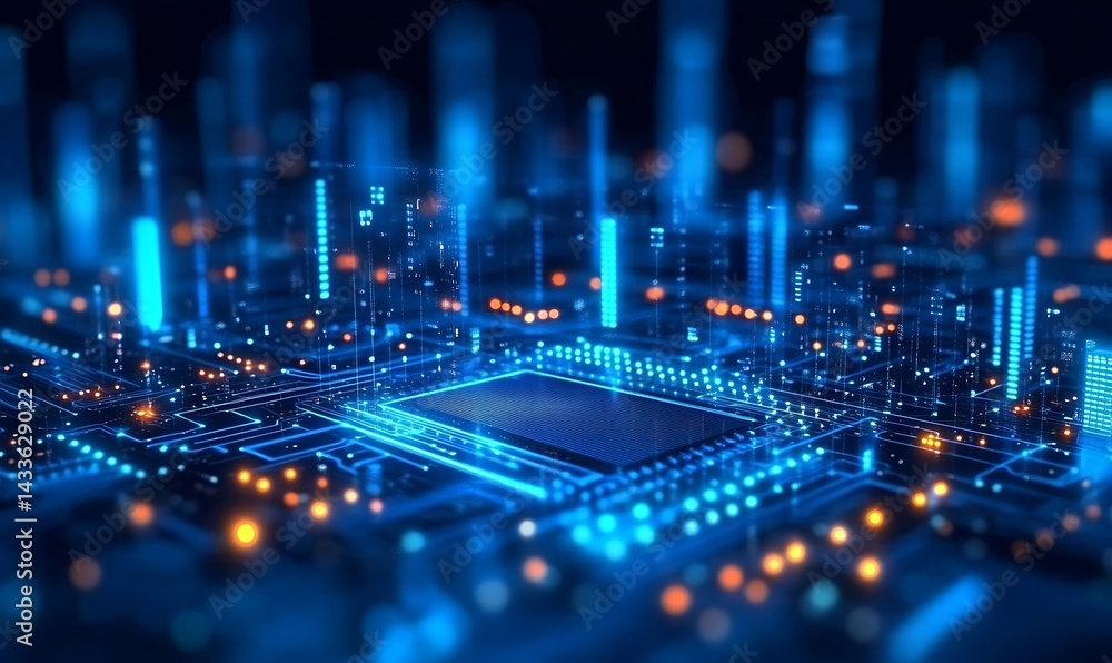 Fototapeta premium Microchip On A Black Circuit Board With A Blue Backlight
