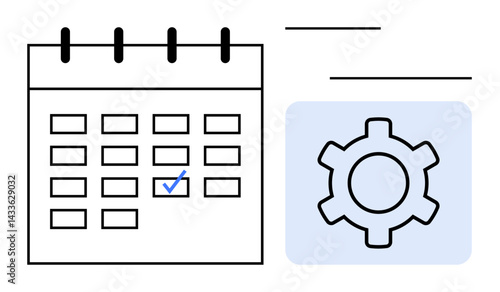 Calendar grid with marked date and adjacent gear icon. Ideal for task planning, project management, events organization, scheduling, app settings, time management, simple landing page