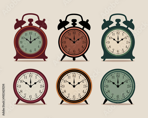 Collection of Vintage Alarm Clocks in Various Colors and Designs - Time Concept