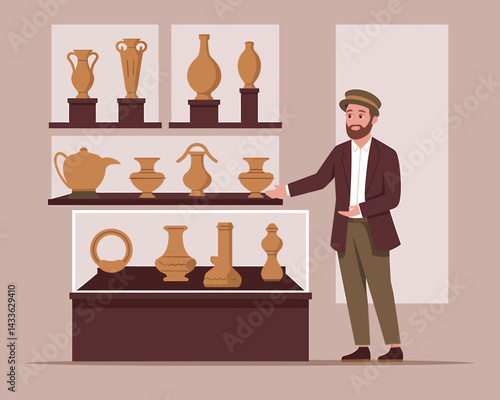 Museum Curator Presenting Ancient Pottery Collection. Man standing next to glass display case with historical artifacts