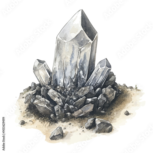 Crystal Amulet Buried In Volcanic Ash, watercolor vector, isolated on a white background.