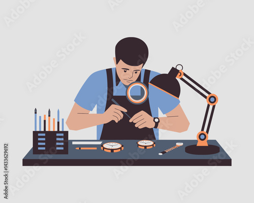 Watchmaker repairing wristwatch mechanism with magnifier, precision craftsmanship, vector illustration