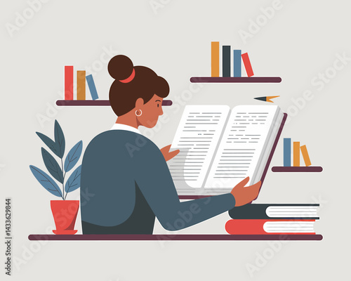 Woman absorbed in reading a large book, surrounded by shelves of colorful books in a cozy, educational setting.