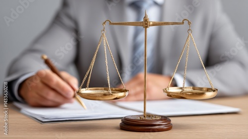 A businessman in a boardroom meeting holding scales of justice next to a gavel and contract papers to portray business law and dispute resolution services
