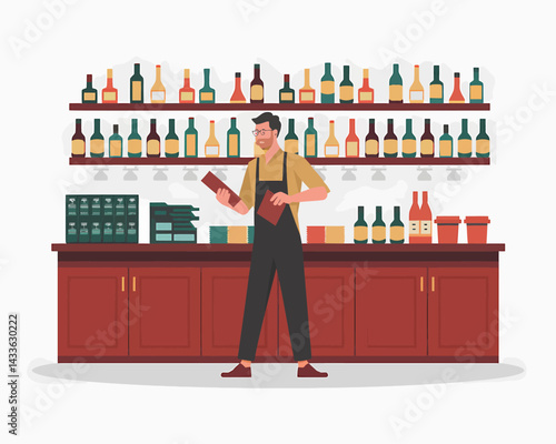 Bartender with Menu Checking Inventory at Wine Bar, Alcohol Collection