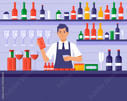 Bartender Mixing Cocktails Behind a Stylish Bar with Colorful Bottle Display, Glassware and Drink Preparation