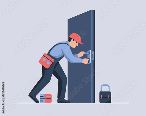 Locksmith Repairing Door Lock: Professional Service, Home Security and Maintenance Illustration.