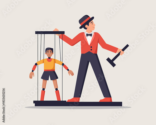 Puppet master controlling marionette with strings and wooden control bar. Performance art and stagecraft concept