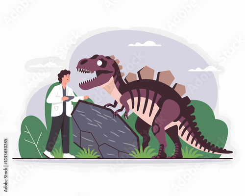 Paleontologist examines Stegosaurus fossil, dinosaur research in natural history museum. Vector illustration of prehistoric life study.