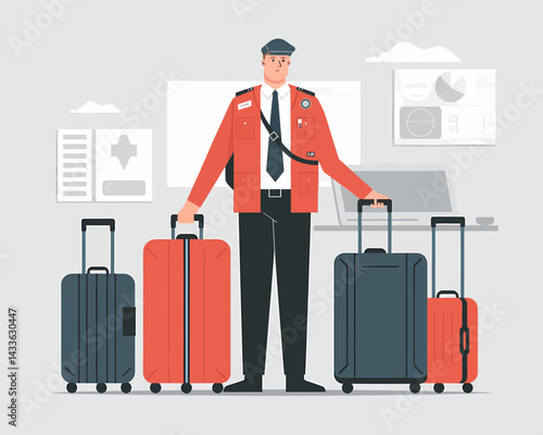 Airport worker assists with luggage, ensuring safe and efficient travel; travel service and job role concept
