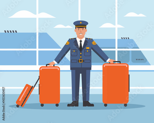 Airport security officer with orange suitcases at airport terminal
