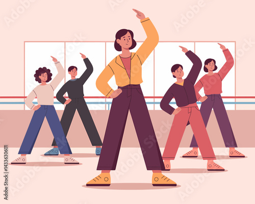 Diverse group doing stretching workout with instructor in fitness class for wellbeing