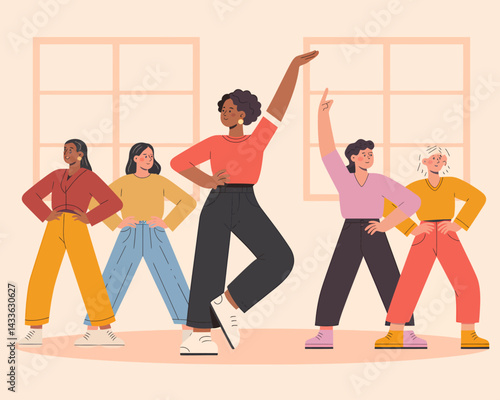 Diverse women in dance class, vector illustration of fitness workout, active lifestyle, and dance training