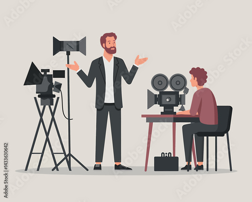Director explaining shot to cinematographer, vintage camera and light equipment. Filmmaking process illustration.
