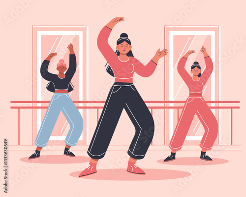 Dance Studio Illustration: Women Practicing Ballet or Modern Dance in a Training Session