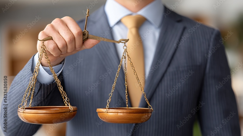 A formal portrait of a legal advisor in a dark tailored suit holding scales of justice under warm overhead lighting for law firm website hero images