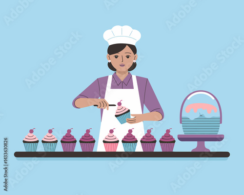 Woman Decorating Cupcakes with Cherry Topping: Home Baking Sweet Treats