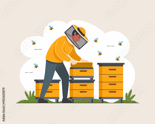 Beekeeper Inspecting Beehives: Honey Harvesting and Beekeeping Illustration