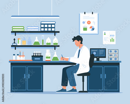 Scientist conducting research and taking notes in a modern laboratory setting, with equipment and data displays.