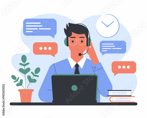 Illustrative Customer Support Agent with Laptop and Headset, Chat Bubbles and Office Desk