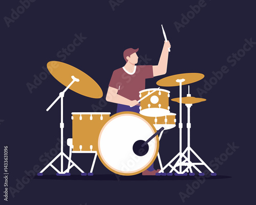 Passionate Drummer Performing with Energy - Musical Performance Illustration