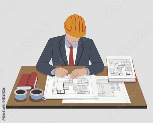Architect at Desk Working on Blueprint with Coffee and Reference Books. Detailed Drawing of Floor Plan
