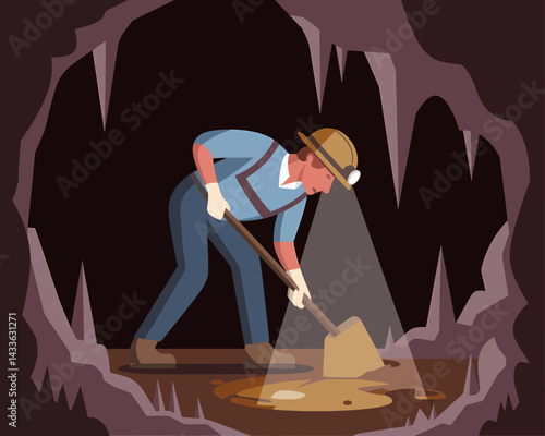Gold Miner Digging Ground in Cave with Pickaxe Under Light, Mineral Extraction