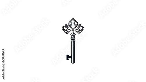 A stylized, ornate antique key in a classic design, presented in grayscale for a timeless and sophisticated aesthetic.