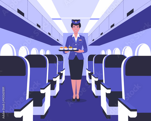 Elegant Flight Attendant Serving Meals in Modern Airplane Interior, Catering Service and Comfortable Travel Experience