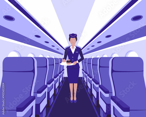 Stylish airline flight attendant with beverage service in an aircraft cabin aisle.