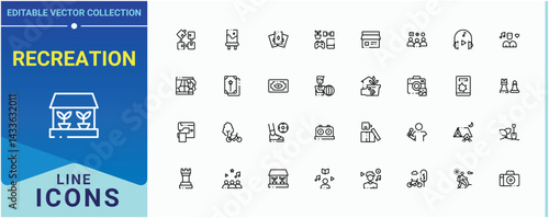 Recreation vector line icon set. Containing interest, adventure, cycling, gardening, travel and more. Hobby line icon set. Line icons with editable stroke. Pixel perfect. Editable stroke.