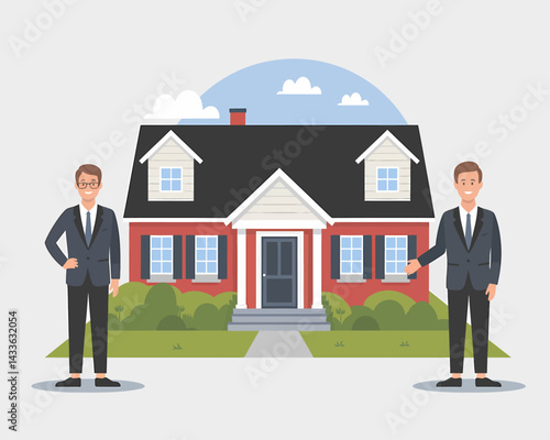Real Estate Agents Presenting New House, Homeownership, Vector Illustration