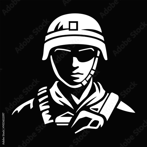 Abstract soldier portrait. Silhouette military man. Black and white vector icon