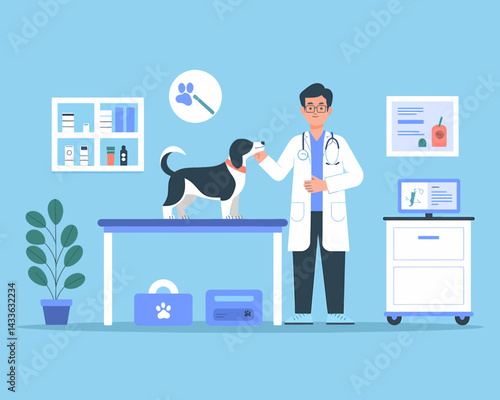 Veterinarian examining a dog during a check-up in a clinic. Animal health, veterinary care and pet healthcare concept