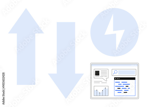Up and down arrows, dynamic lightning bolt, and a web page mockup with graphs and text. Ideal for data flow, analytics, speed, technology, efficiency, electricity simple landing page