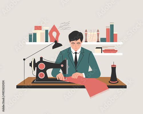 Professional Tailor at Sewing Machine Crafts Bespoke Garment in Atelier