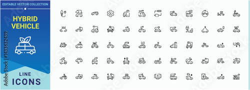 Hybrid Vehicle icon. Contain linear symbols transport, charge, auto, electric, eco, charging, vehicle and more. Collection of simple line web icons. Vector collections. Hybrid icon set.