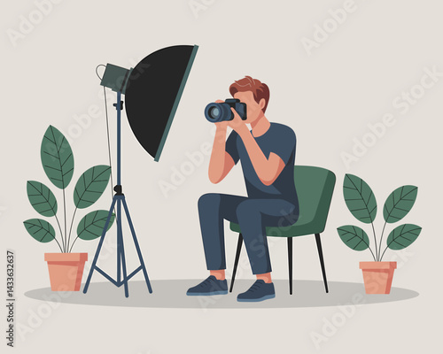 Professional photographer shooting in a studio, equipped with studio light and plants, capturing memorable moments in a creative environment.