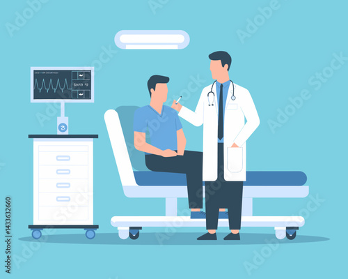 Doctor examining patient with medical equipment in clinic illustration, healthcare concept